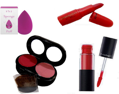 

9 to 5 Sponge puff, Mac Versi colour Stain Encre Liquid Cherry Red Lip Gloss & Giambattista Valli Red Lipstick With mac Two Shade Blusher(Set of 4)