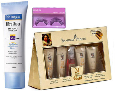 

styling Eyelashes, Shahnaz Husain Gold Facial Kit, Neutrogena Ultra Sheer Dry-Touch Sunblock Cream(Set of 3)