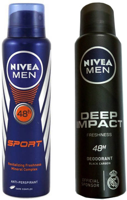 

Nivea MEN DEEP IMPACT FRESHNESS DEODORANT 150 ML +MEN SPORT DEODORANT 150 ML Deodorant Spray - For Men & Women(150 ml, Pack of 2)