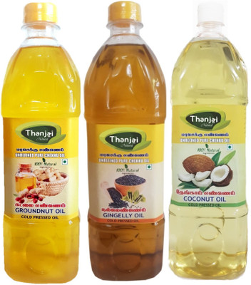 

THANJAI NATURAL Natural Wooden Cold Pressed Coconut Groundnut Sesame oils 3000ml Gift Pack Groundnut Oil Plastic Bottle(3 x 1000 ml)