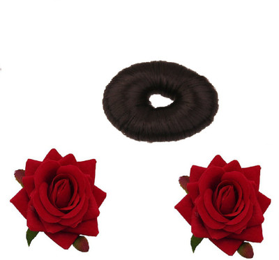 

Jampak™ Imported Fashion Hair Doughnut Bun Ring Shaper Hair Donut Style Updo Pure Black & Flower Hair Clip Juda Accessories For Women Red Rose with clip Bun(Multicolor)