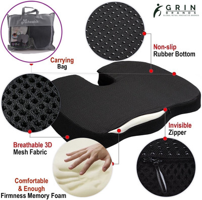 

Grin Health Coccyx Seat Cushion With Memory Foam for Sciatica, Coccyx, Tailbone Hip Support (, Black