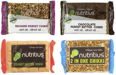 

Nutritius Chocolate Peanut Butter Chikki (125g), Peanut Butter Chikki (125g), Rajgira Peanut Chikki (100g) & Two in One Chikki (100g) - Combo of 4 (450g)(450 g, Box)