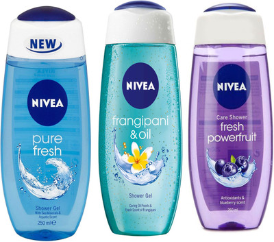 

Nivea FRANGIPANI & OIL SHOWER GEL 250 ML + FRESH POWER FRUIT SHOWER GEL 250 ML + FRESH PURE SHOWER GEL 250 ML(750 ml, Pack of 3)