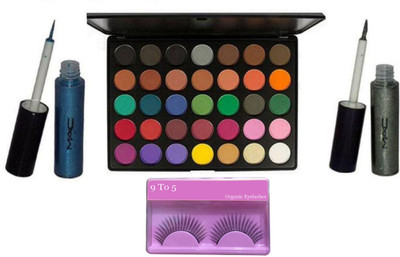

9 to 5 eyelashes , Mac 38 shades eyeshadow palette with Liquid last glitter Eyeliner Silver & Blue(Set of 4)