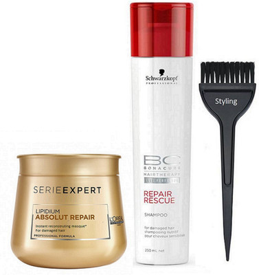 

styling hair brush & schwarzkopf repair rescue shampoo With lipdium absolt repair masque(Set of 3)