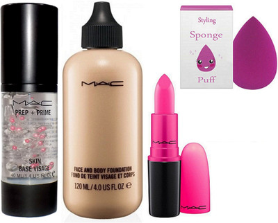 

styling Sponge puff with Mac Prep+Prime skin base visage primer and Mac face and body foundation with Mac candy yum yum lipstick(Set of 4)