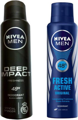 

Nivea MEN DEEP IMPACT FRESHNESS DEODORANT 150 ML + MEN FRESH ACTIVE ORIGINAL DEODORANT 150 ML Deodorant Spray - For Men & Women(150 ml, Pack of 2)
