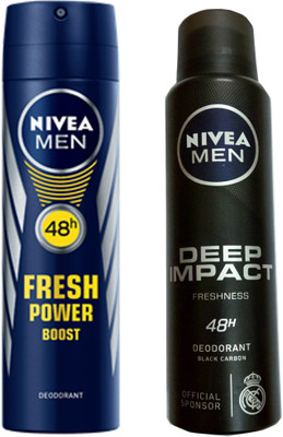 

Nivea MEN DEEP IMPACT FRESHNESS DEODORANT 150 ML +MEN FRESH POWER BOOST DEODORANT 150 ML Deodorant Spray - For Men(150 ml, Pack of 2)