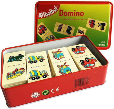 

Toyshine Wooden Vehicles Domino Blocks Toy Fun Game, 28 Pcs with Metal Container(Multicolor)