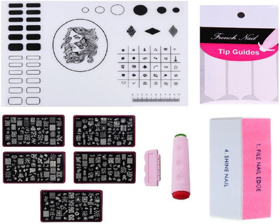 

Royalkart Mega Combo Kit Of Nail Art Tools 3D Nail Art Nail Stamping Image Plates (CF Plate), Double-Sided Stamper & Metal Scraper, Nail Buffer, Finger Tip Guide & Nail Art Silicone Soft Foldable Washable Stamp Mat Girl Design (Multicolor)(Multi)