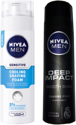 

Nivea MEN DEEP IMPACT SMOOTH SHAVE BLACK CARBON SHAVING FOAM 200 ML + MEN SENSITIVE COOLING SHAVING FOAM 200 ML(200 ml)
