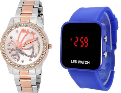 

COSMIC DUAL TONE VINTAGE BUTTERFLY - WHITE DIAL diamond studded LADIES AND WOMEN WATCH WITH BLUE LED big screen -35 mm led KIDS DIGITAL Watch - For Boys & Girls