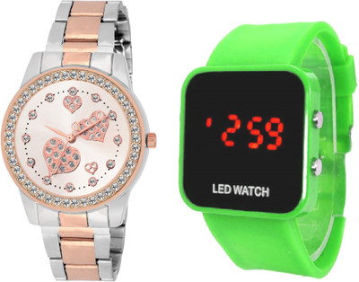 

COSMIC DUAL TONE white dial four hearts design diamond studded women and ladies watch with green LED big screen -35 mm led KIDS DIGITAL Watch - For Boys & Girls