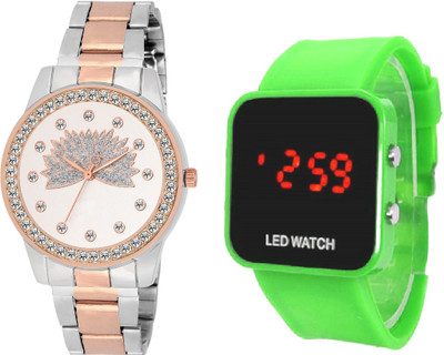 

COSMIC DUAL TONE white DIAL morpankh(peacock feather) design diamond studded women and ladies watch with green LED big screen -35 mm led KIDS DIGITAL Watch - For Boys & Girls