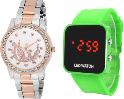 

COSMIC DUAL TONE white DIAL eagle design SWAN BIRD diamond studded women and ladies watch with green LED big screen -35 mm led KIDS DIGITAL Watch - For Boys & Girls