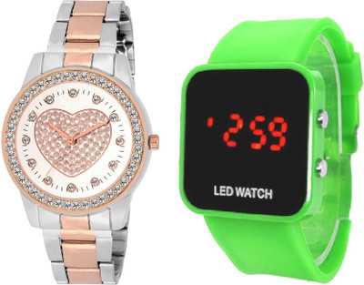 

COSMIC DUAL TONE White dial heart design diamond studded women and ladies watch with green LED big screen -35 mm led KIDS DIGITAL Watch - For Boys & Girls