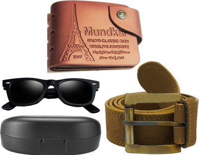 

Peacock Mundkar Wallet, Belt, Wayfarer Combo(Tan, Black, Yellow)