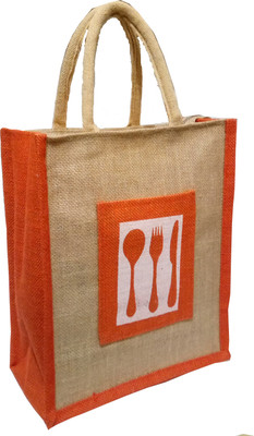 

styles creation Cutlery Print Designer Orange Handicraft Jute Lunch Tiffin Handbag Waterproof Lunch Bag(Orange, Beige, 13 inch)