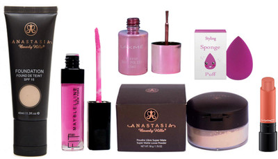 

Styling Of Sponge puff With Anastasia Foundation With Loose powder & pink lip gloss & Mac Liptensity lipstick,lakme nail polish(Set of 6)
