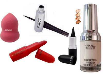 

studio Sponge Puff ,Liquid Eyeliner, intense black stick Kajal , Hot Red lipstick with Mineralize Moisture Broad Spectrum Foundation of Mac(Set of 5)