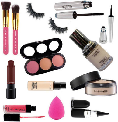 

Styling Brush2 & Mac Mineralize Foundation & Mac Loss Powder &Mac Brooke Candy Liner & Mascara & Mac Pro Long Wear Concealer & Mac liptensity lipstick With stick kajal & pink lip gloss & sponge puff(Set of 13)