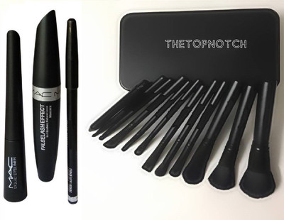 

TheTopNotch 12 Peice Makeup Brush Set & MAC Liquid Eye Liner & Mac Mascara & Mac Eyebrow Pencil (MAC 3 in 1)(Set of 4)