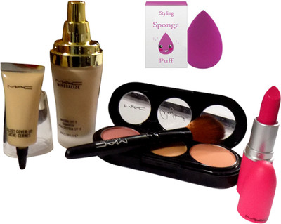 

Styling Of sponge Puff With mineralize foundation & 3 shades blusher With makeup brush & Matte finsih lipstick,select cover up concealer(Set of 5)