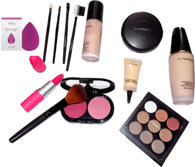 

Styling Of sponge Puff With Mac Hyper real Foundation & liquid Foundation & 2 shades blusher With makeup brush & Matte finsih lipstick,select cover up concealer & 9 shades Eyeshadow palette & cpmpact(Set of 10)