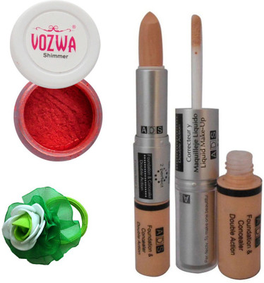 Vozwa Red Eyeshadow Shimmer Powder, Foundation & Concealer Double Action and Band(Set of 4)