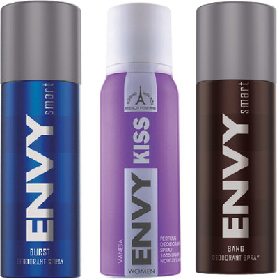

Envy kiss & Smart Bang & Smart Burst Deodorant combo pack of 3 Deodorant Spray - For Men & Women(390 ml, Pack of 3)