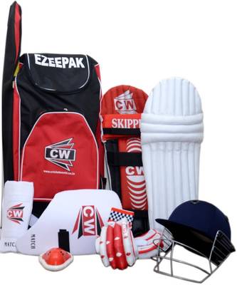 CW Cricket World Junior Red 7 Item Ezeepak Without Cricket Bat Kit Complete Size 5 Shoulder Kit Club Match Game Practice Tournament Full Set Bag Leg Guard Pads Cricket Helmet Batting Gloves Abdominal/Abdomen Guard Arm &amp; Thai Guard Best For 9-10 Years Boys/Kids/Child Cricket Kit