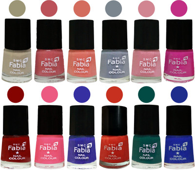 

Fabia Exclusive Nail Polish (Set of 12 Pcs) Tan-Shock Blue-Bazooka Joe-Light Peach-Wild Gray Yonder-Rose-Pink Pink-Bold Red-Shock Pink Light-Orange-Pine Green-Shock Blue Dark(Pack of 12)