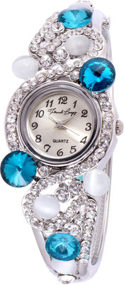 

French Loops Gracefully Yours Blue Stone Studded Silver Ethnic Party Wear Bracelet Watch - For Women