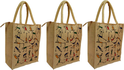 

styles creation 3 Pack Yoga Print Premium Quality Designer Stylish Trendy Jute Lunch Bag for Lunch/Return Gift/Everyday use (Normal Size) Waterproof Lunch Bag(Beige, 12 inch)