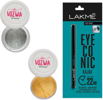 

Vozwa Silver & Golden Eyeshadow Shimmer Powder and Lakme Eyeconic Kajal Pencil(Set of 3)