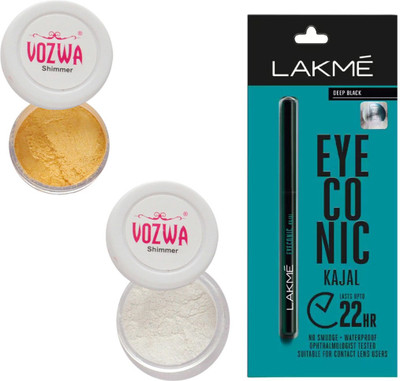 

Vozwa Golden & White Eyeshadow Shimmer Powder and Lakme Eyeconic Kajal Pencil(Set of 3)