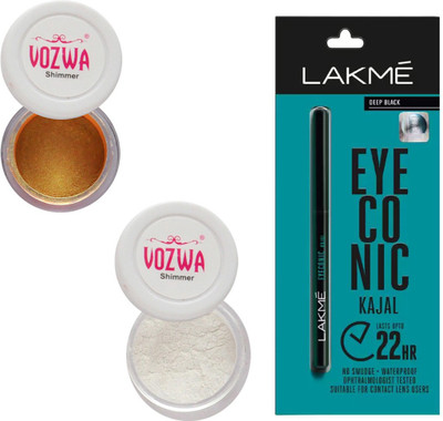 

Vozwa Gold Gradient & White Eyeshadow Shimmer Powder and Lakme Eyeconic Kajal Pencil(Set of 3)