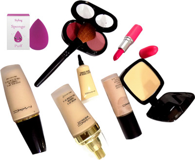 

Styling Of sponge Puff With Mac Hyper real Foundation & matte liquid Foundation With mineralize foundation & 2 shades blusher With makeup brush & Matte finsih lipstick,select cover up concealer & cpmpact(Set of 9)