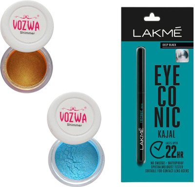 

Vozwa Gold Gradient & Blue Eyeshadow Shimmer Powder and Lakme Eyeconic Kajal Pencil(Set of 3)
