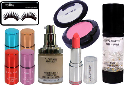 

styling Eyelashes&Mac Mineralize Foundation&Lakme Nail Colour Set of 4&Mac PrimerSkin& Colorbar Lipistick&Mac Blusher(Set of 9)