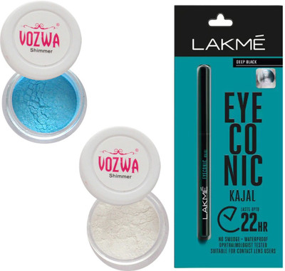 

Vozwa Blue & White Eyeshadow Shimmer Powder and Lakme Eyeconic Kajal Pencil(Set of 3)