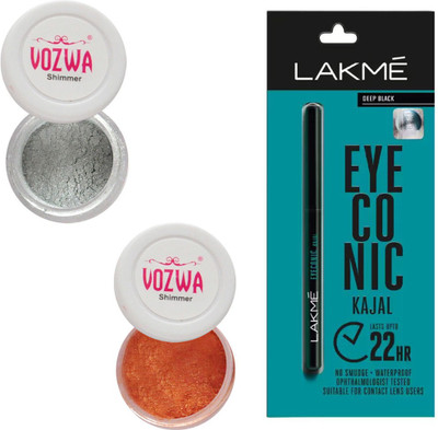 

Vozwa Silver & Copper Eyeshadow Shimmer Powder and Lakme Eyeconic Kajal Pencil(Set of 3)