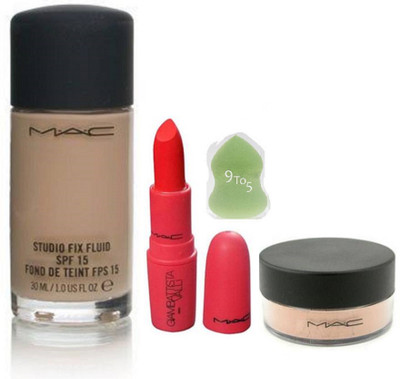 

9 to 5 Sponge puff & Mac fix fluid liquid foundation, face loose powder & giambattista valli matte finish lipstick Mac(Set of 4)