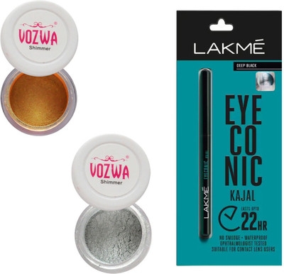 Vozwa Gold Gradient & Silver Eyeshadow Shimmer Powder and Lakme Eyeconic Kajal Pencil(Set of 3)
