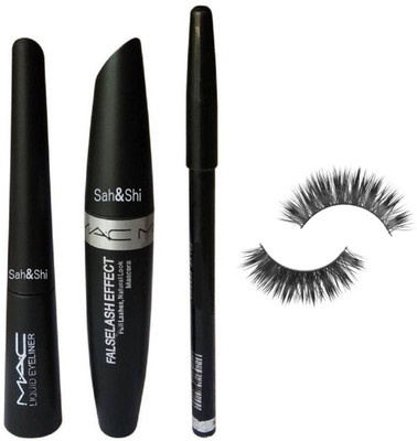 

Sah&Shi Soft Natural Black Eyelashes, Eyebrow Pencil Black with Mascara and Liquid Eyeliner (3in1)(Set of 4)