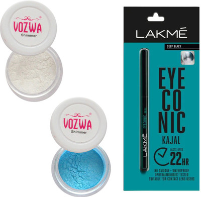 

Vozwa White & Blue Eyeshadow Shimmer Powder and Lakme Eyeconic Kajal Pencil(Set of 3)