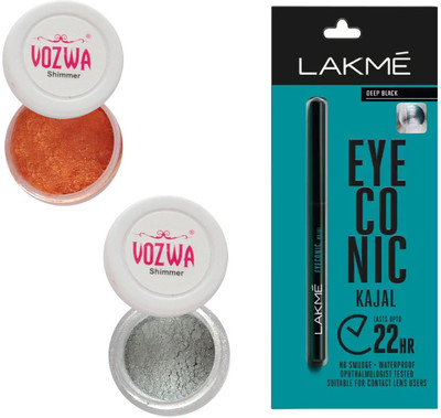 

Vozwa Copper & Silver Eyeshadow Shimmer Powder and Lakme Eyeconic Kajal Pencil(Set of 3)