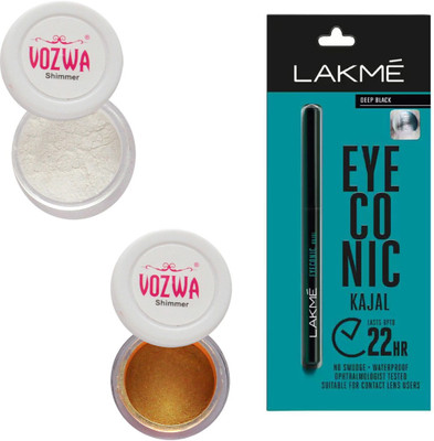 

Vozwa White & Gold Gradient Eyeshadow Shimmer Powder and Lakme Eyeconic Kajal Pencil(Set of 3)