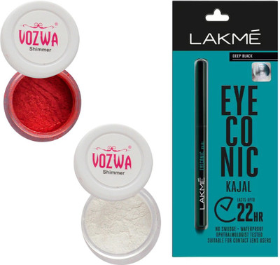 

Vozwa Maroon & White Eyeshadow Shimmer Powder and Lakme Eyeconic Kajal Pencil(Set of 3)